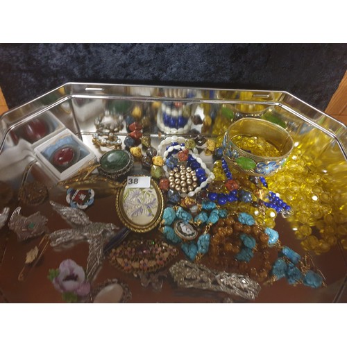 38 - Large Tray Of Costume Jewellery Brooches, Bangle Necklaces, Badges Etc