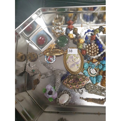 38 - Large Tray Of Costume Jewellery Brooches, Bangle Necklaces, Badges Etc