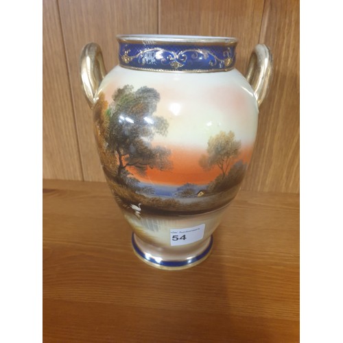 54 - Noritake Twin Handled Hand Painted Vase Swan at Lakeside 16 cms Tall