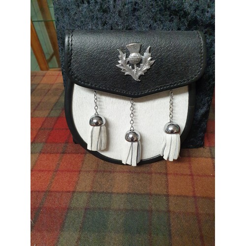 63 - A Black And White Scottish Sporran With Thistle Emblem To Front 3 Tassels