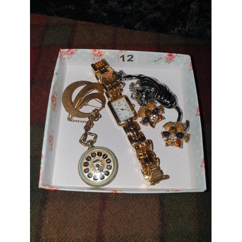 12 - A vintage Enamel Pocket Watch , Wrist Watch  Ear Rings etc