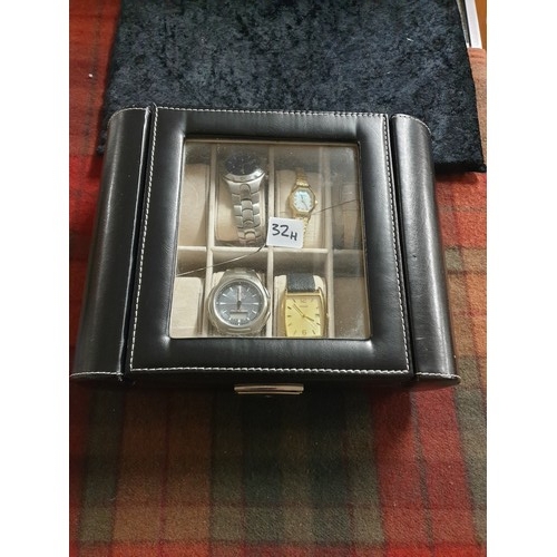 32H - Wrist Watch Display Case With 2 Ladies Wrist Watches And 3 Gents Wrist Watches