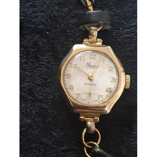 49B - Ladies 9ct Gold Watch With Leather Strap Winds And Ticks Nice