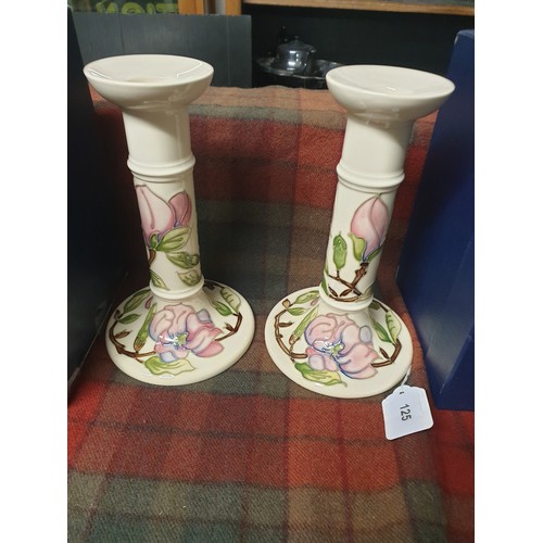 125 - A Stunning Pair Moorcroft Hibiscus Pattern Cream Ground Candlesticks Stands (21cms) Tall With Origin... 