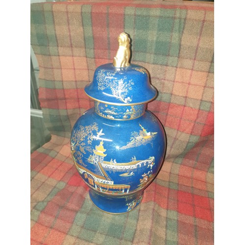 127 - A Huge Early Carlton Wear Blue Royale Pagoda Pattern Temple Jar With Cover Lion Finial To Top Stands... 