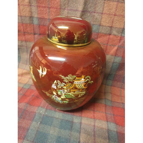 136 - A Huge Carlton Ware Rouge Royale Temple Jar Pagoda Pattern  With Cover (26x21cm Height & diameter)