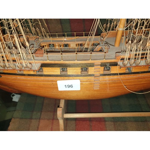 196 - A Large Wooden Hand Built Sailing Ship Man o War With Rigging And Cannons Etc (76x76cm)