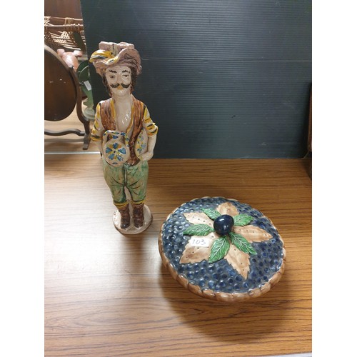 103 - Large Majolica Pie Dish And Large Majolica Figure Stands 46 cms Tall