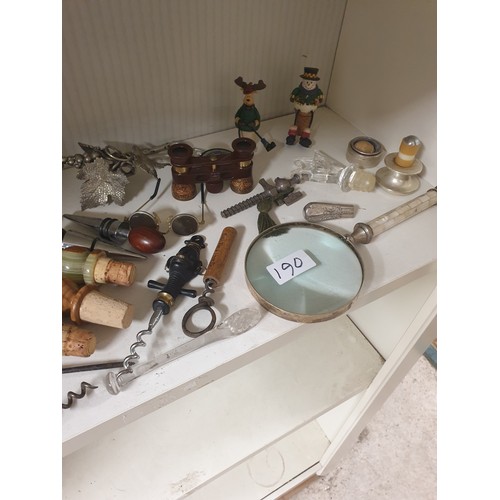 190 - Shelf Of Collectables To Include Corkscrews, Magnify Glasses, Opera Glasses etc