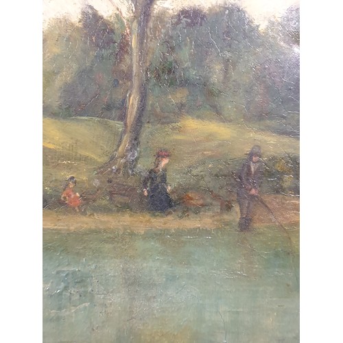 297 - Oil Painting Gentleman Fishing And Lady with Daughter And Dog Relaxing At Side Of River