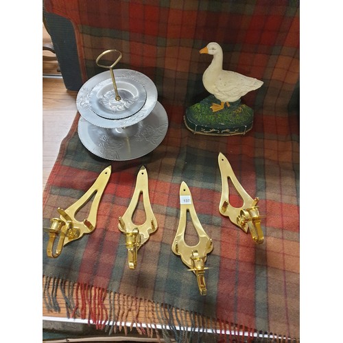137 - Cake Stand, Cast Iron Duck Door Stop And 4 Brass Candle Sconces