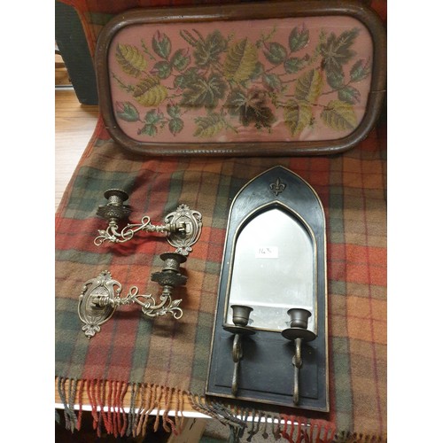 143 - Gothic Style Mirror / Candles Holder And 2 Candle Sconces With Victorian Beadwork Tray