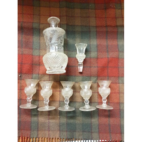 70 - Vintage Edinburgh Cut Glass Crystal Thistle Decanter With Stopper And 5 Thistle Glasses
