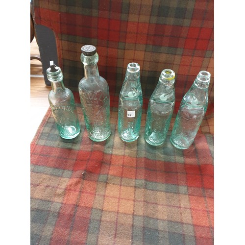 74 - 5 Vintage Glass Bottles 3 With Marble In All Different Advertisements