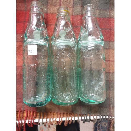 74 - 5 Vintage Glass Bottles 3 With Marble In All Different Advertisements