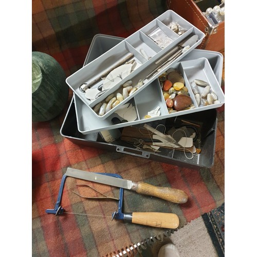79 - Box Of Jewellers Tools And jewellery making scrap silver and stones along with two jewellery stands