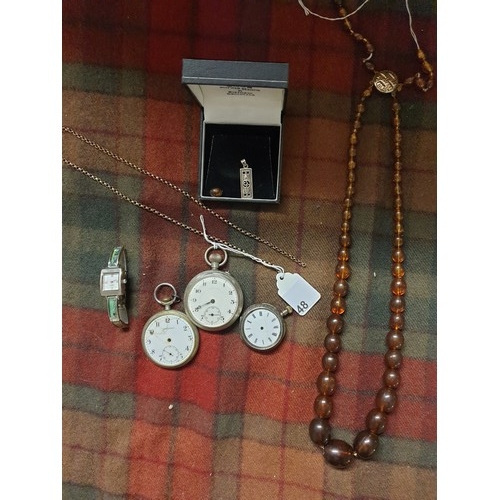 48 - 3 Pocket Watches a/f Wrist Watch, Yellow Metal Chain, Silver Pendant and Amber Beads