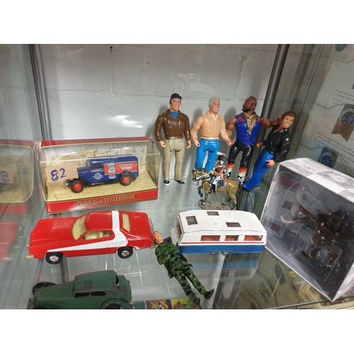 82 - A Team Figures Selection Models Cars To Include Dinky etc Car Sign And Boxed Model,