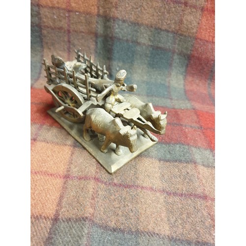 228 - A Small Bronze/ Brass 2 Ox Pulling Cart With Oriental Gent Driving