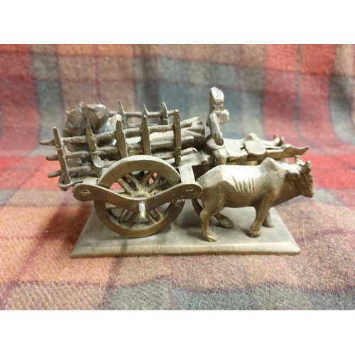 228 - A Small Bronze/ Brass 2 Ox Pulling Cart With Oriental Gent Driving