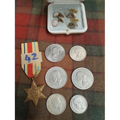 42 - The African Star Medal, Selection Of Coins Including 1951 Crown And Selection Of Cuff Links