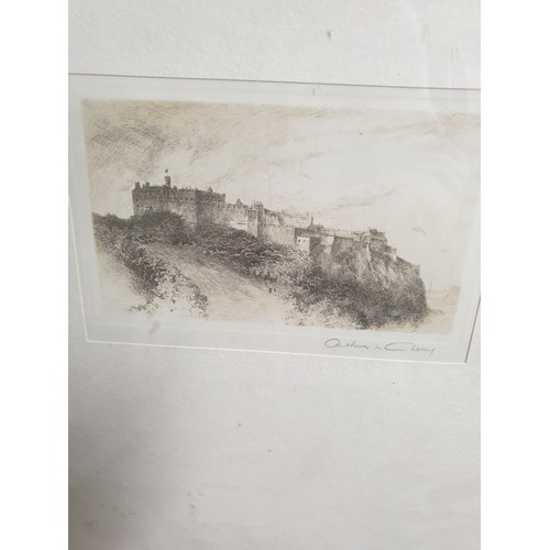 325 - Two Antique etching of Edinburgh castle signed by artist along with an antique bowler hat