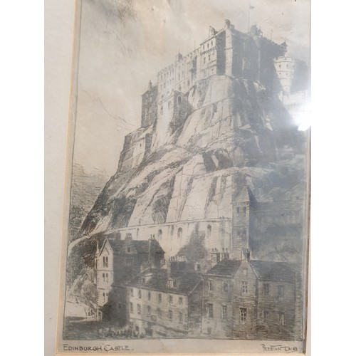 325 - Two Antique etching of Edinburgh castle signed by artist along with an antique bowler hat