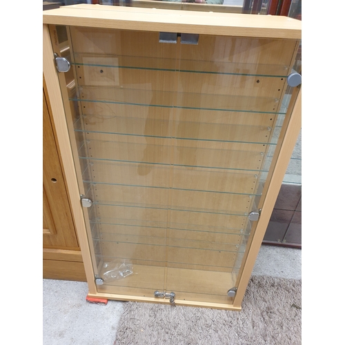 390 - Large Wall Mounted Display Cabinet With Glass Shelves And Glass Locking Doors 110 x 68 x 20 cms