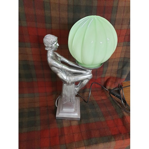 102 - An Art Deco Style Lady Table Lamp With Green Glass Shade a/f