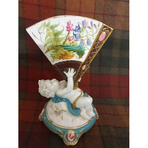 85 - A 19th century  porcelain Cherub Fan Shaped Spill Vase Hand Pained With Cherub Holding Fan Victorian... 