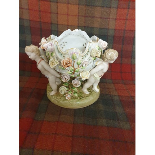 87 - A Large Meissen 3 Cherub Angels Holding Floral Encrusted Sweet Meat Dish On Pottery Hand Pained Base... 