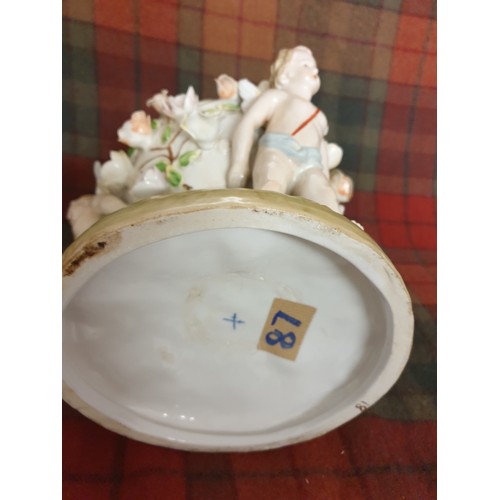 87 - A Large Meissen 3 Cherub Angels Holding Floral Encrusted Sweet Meat Dish On Pottery Hand Pained Base... 