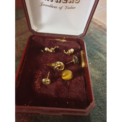 40 - A Box Of Gold Ear Rings To Include Tigers Eye & dolphins in Pearls