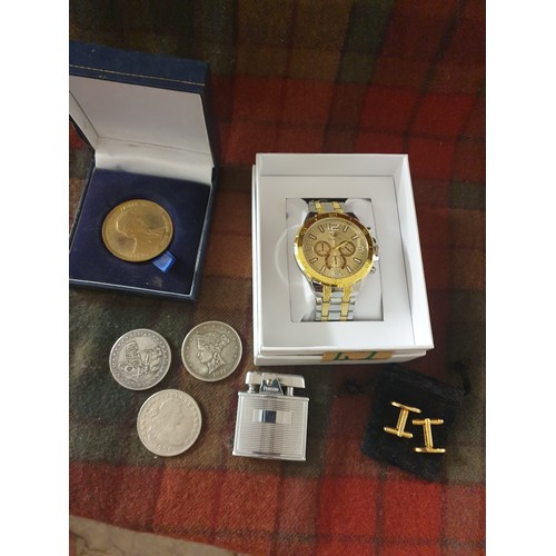 42 - A Wrist Watch, Reproduction Coins, Lighter ,Cuff Links and BB Presentation Medal