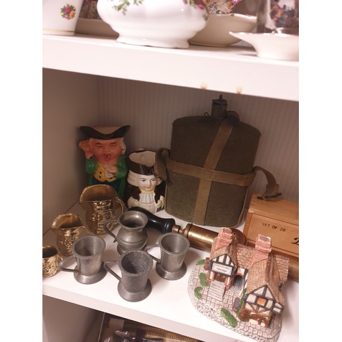 156 - A Shelf Of Collectables Toby Jugs, Hip Flask, Cigarette Tin Dominoes, Brass Pump, Crystal and House ... 