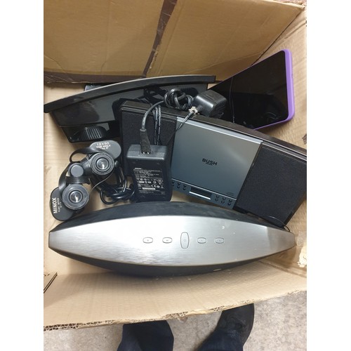 337 - A Box Of Docking Stations, Bush CD Player Binoculars And Hudl Pad