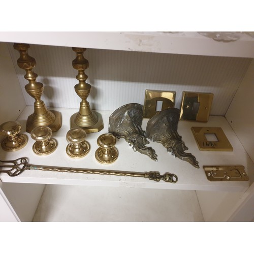 168 - A Pair Large Brass Candlesticks, Pair Of Brass Ornate Wall Shelves,Door Handles, Toasting Fork etc