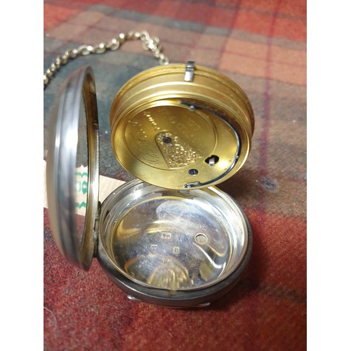 8 - Silver Hallmarked Pocket Watch With Plated Albert Chain With Key Overwound John Forest Of London