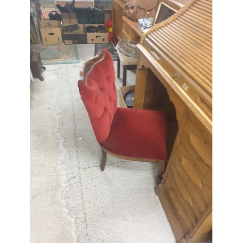 202 - A Beautiful Little Button Back Bedroom Chair In Rich Crimson Upholstery With Ornate Carvings