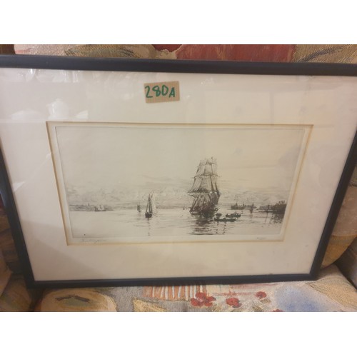 280A - Beautiful Small Etching Victorian Nautical Scene Signed Harold Wylie 46 x 32 cms