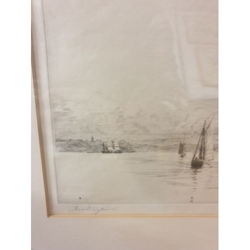 280A - Beautiful Small Etching Victorian Nautical Scene Signed Harold Wylie 46 x 32 cms