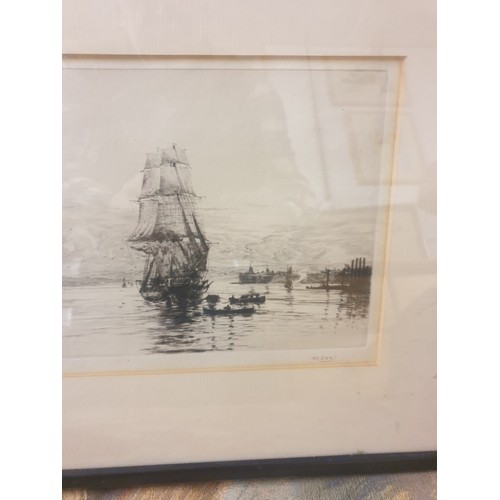 280A - Beautiful Small Etching Victorian Nautical Scene Signed Harold Wylie 46 x 32 cms