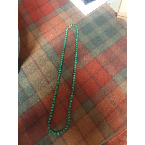 13 - Beautiful Set Of Malachite Bead Necklace With 9ct Gold Clasp