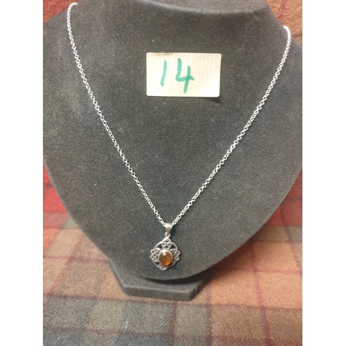 14 - Good Quality Silver Belcher Chain With Silver And Amber Pendant