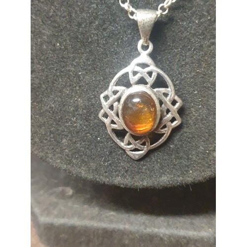 14 - Good Quality Silver Belcher Chain With Silver And Amber Pendant