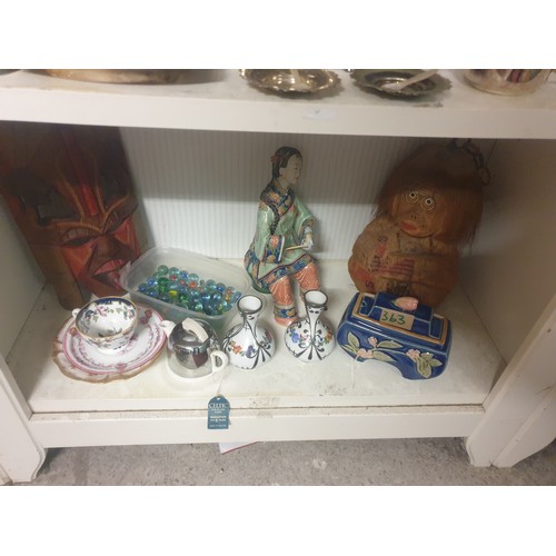 363 - Shelf Of Collectables Marbles, Oriental Ware Deco Cream Jug etc