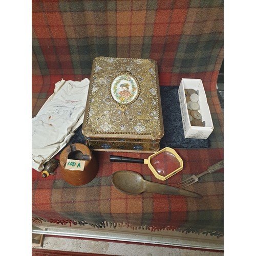 100A - Early 1900s Ladies Jewel Box With Contents Coins, Magnifying Glass Porridge Spoon etc