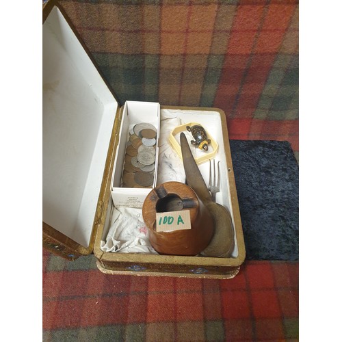 100A - Early 1900s Ladies Jewel Box With Contents Coins, Magnifying Glass Porridge Spoon etc