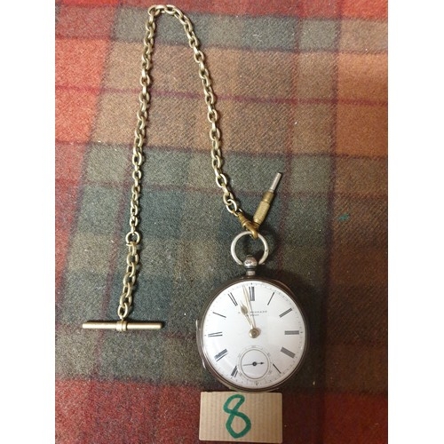 8 - Silver Hallmarked Pocket Watch With Plated Albert Chain With Key Overwound John Forest Of London