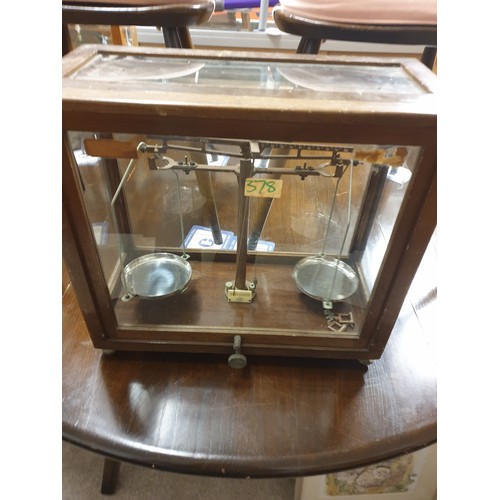 378 - Set Of Vintage Scientific Scales In Glass Case